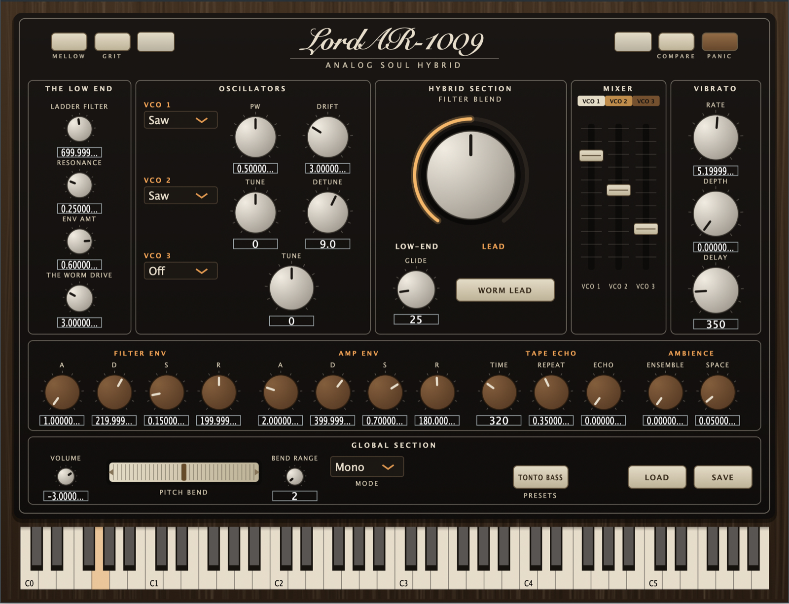 The LordAR-1009 control panel — walnut and black lacquer with glowing Filter Blend knob